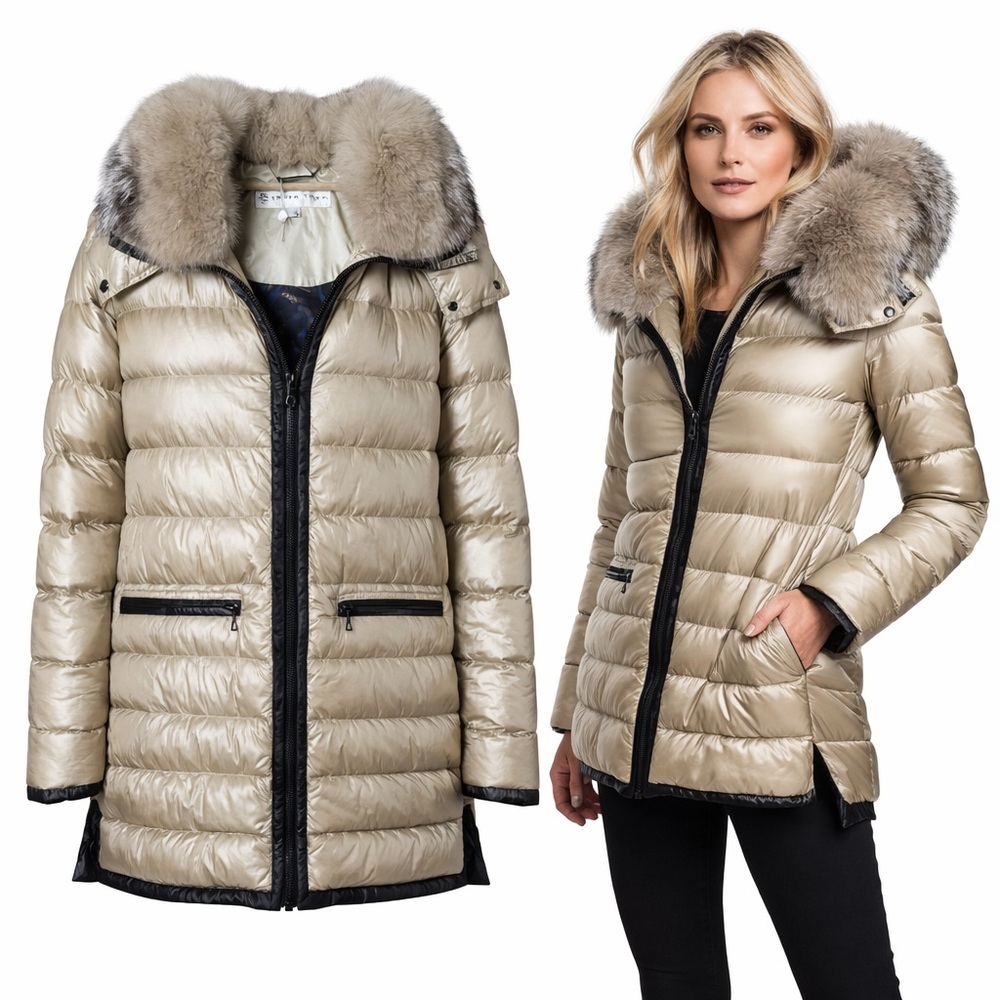 Trina Turk | Gold Down Puffer Coat | Fox Fur Trim Hood | Nylon | XL